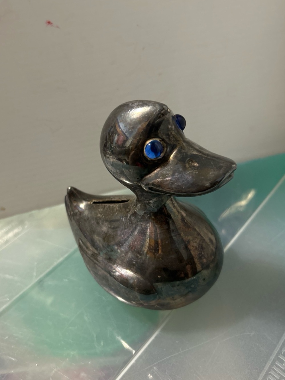 Silver Duck Coin Bank with Blue Accent Eyes